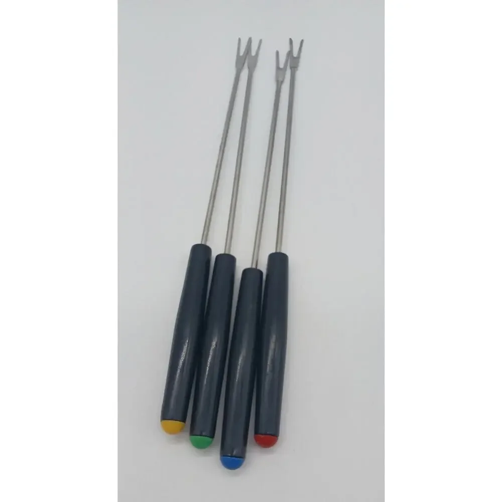 Set of 4 Vintage Fondue Forks Black Plastic Handles Red Yellow Green Blue Ends